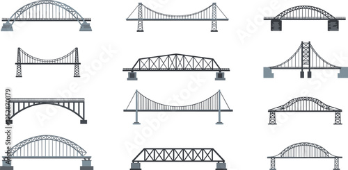Bridge vector set with suspension, arch and truss bridges, infrastructure architecture collection for transport and engineering illustration