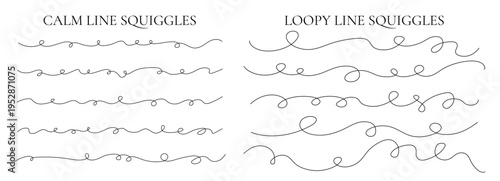 Cable squiggle long set with curvy abstract line, wavy thin curve drawing and loopy wire doodle for a squiggly divider. Vector illustration of a swirl sketch through hand wiggly decor, loop twist.
