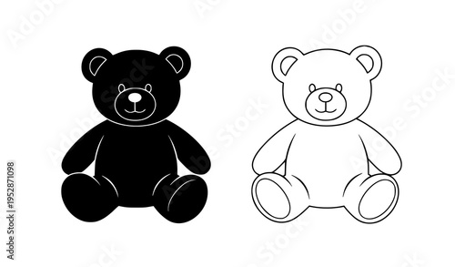 Teddy bear black silhouette and white outline vector illustration set