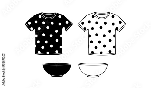 Black and white t-shirts and bowls vector outline silhouette set
