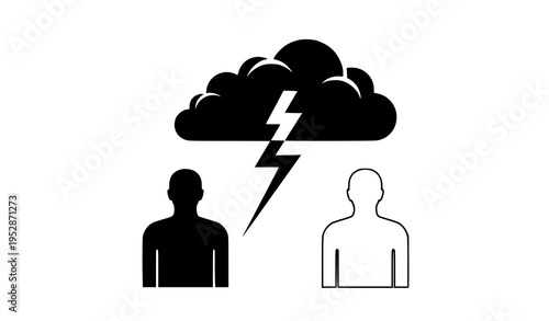 Person confronting storm cloud lightning silhouette outline vector illustration