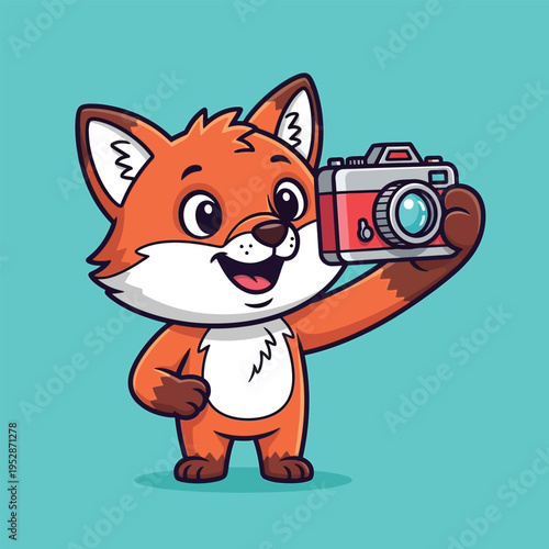 Cute cartoon fox holding a camera taking a photo.