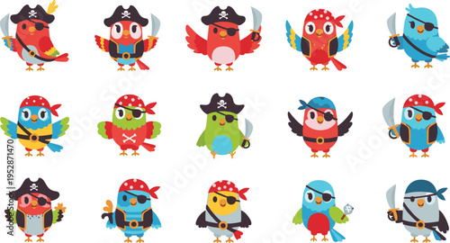 Cute pirate owl vector set with cartoon birds, colorful characters, bandana and eye patch, kids mascot illustration collection