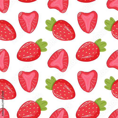 Seamless pattern with strawberry and slices in flat style. Repeating berry background for wallpaper, summer theme packaging and fresh food design.
