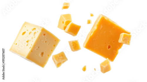 A block of cheese and chunks of cheese on transparent background