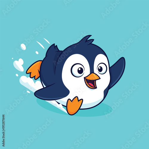 Cute cartoon penguin sliding on ice with joy.