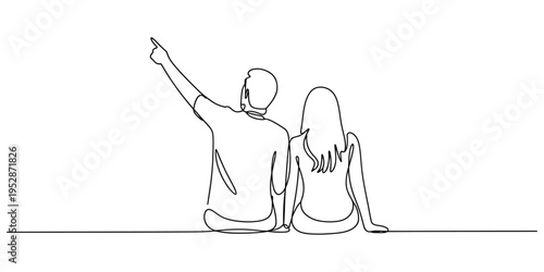 Continuous Line Art of Couple Sitting and Pointing