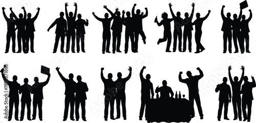 Set of cheering crowd silhouettes with raised hands, group celebration scenes including party, protest and social gathering poses isolated on white background