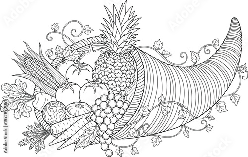 Intricate black and white line art coloring page illustration of a classic cornucopia overflowing with a bountiful harvest of fruits and vegetables on white background
