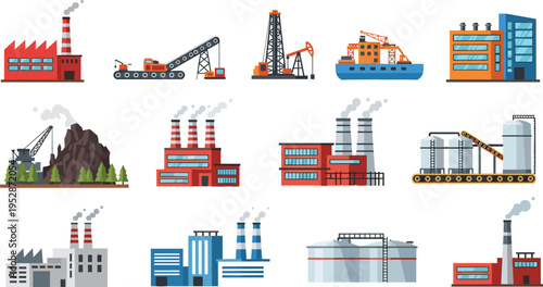 Industrial Factory Vector Illustration Set Featuring Power Plants Oil Rigs Manufacturing Buildings Refineries and Heavy Energy Production Facilities for Engineering Construction and Global Business 