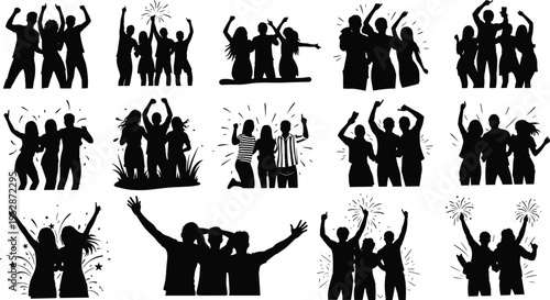 Set of party crowd silhouettes dancing and cheering with raised hands, festive people celebrating with fireworks, energetic group scenes isolated on white background