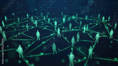 A green network of interconnected lines connecting silhouettes of people in a digital environment