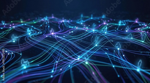 An abstract blue background featuring digital lines and glowing energy waves creates a modern technology concept with a vibrant light effect