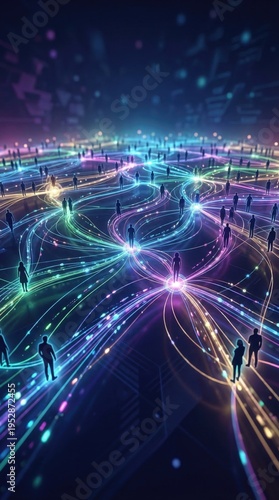 An abstract blue background featuring digital lines and glowing energy waves creates a modern technology concept with a vibrant light effect