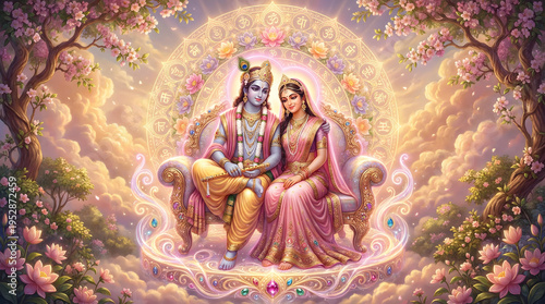 Radha Krishna illustration seated on glowing throne in clouds surrounded by golden aura symbolizing supreme divine authority background wallpaper