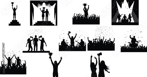 Set of winner and concert crowd silhouettes with trophies, cheering fans, stage lights and music performance scenes celebrating success and entertainment