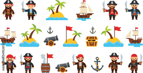 Pirate cartoon vector set with characters, ships, treasure chest, island, cannon and anchors, kids adventure illustration collection