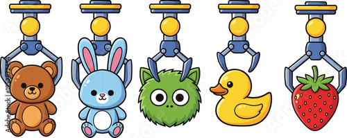 Set of crane machine claws grabbing cute plush toys including teddy bear, rabbit, monster, rubber duck, and strawberry isolated on white background for arcade designs.