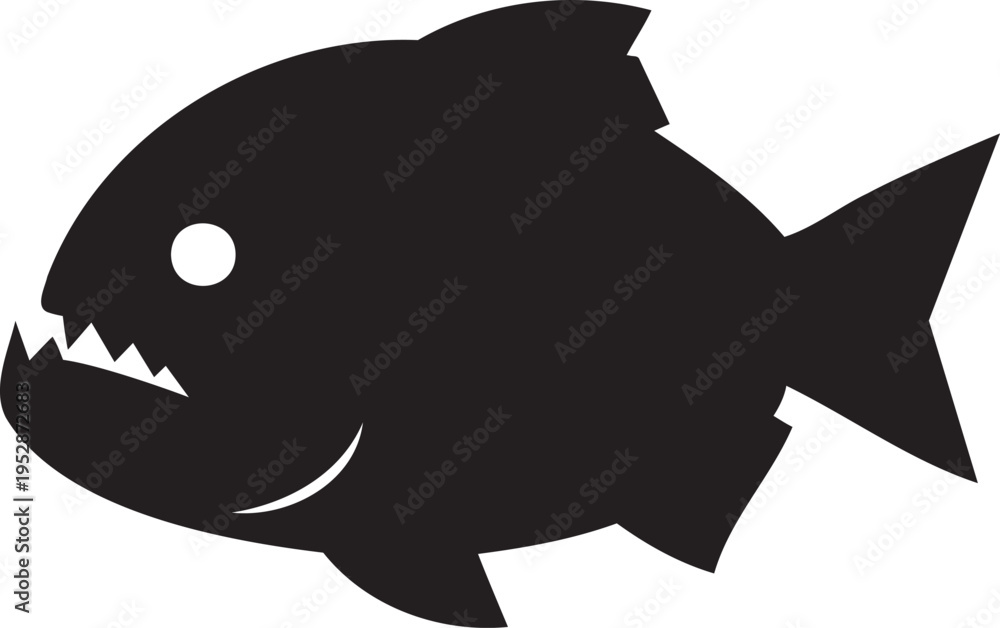 Obraz premium Piranha fish silhouette, predatory freshwater fish with sharp teeth. Aggressive side view vector graphic on white. Minimalist black icon for fishing logo, aquarium emblem, or danger symbol of vicious 