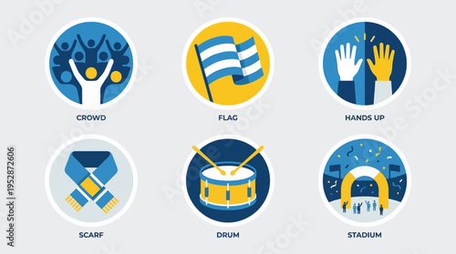 Six circular icons depicting crowd, flag, hands up, scarf, drum, and stadium for sports events and fan engagement.