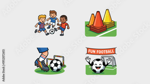 A colorful illustration of children playing soccer, practicing drills with cones, and a 'Fun Football' stadium scene, capturing youth sports and teamwork.