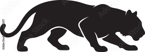 Jaguar stalking pounce silhouette, low profile big cat movement. Sleek black vector icon on white, depicting a hunting jaguar, panther, or cougar in a low stealth pose, representing power, speed, and 