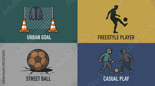 Four-panel urban sports collage featuring urban goal, freestyle player, street ball, and casual play icons for street soccer and casual football enthusiasts.