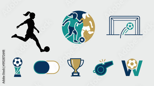 Dynamic soccer montage featuring a player kicking the ball, worldcup globe illustration, and goal net icons