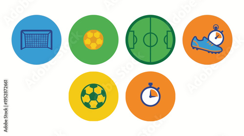 Six flat icons illustrating soccer training and match essentials: bench, soccer ball, football pitch, kicking boot, stopwatch and related gear