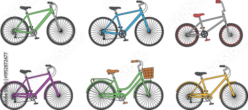 Set of various bicycle vector illustrations including mountain bikes, city cruisers, and BMX cycles isolated on white background for outdoor sports and transportation design.
