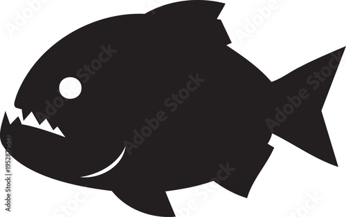 Piranha fish silhouette, predatory freshwater fish with sharp teeth. Aggressive side view vector graphic on white. Minimalist black icon for fishing logo, aquarium emblem, or danger symbol of vicious 