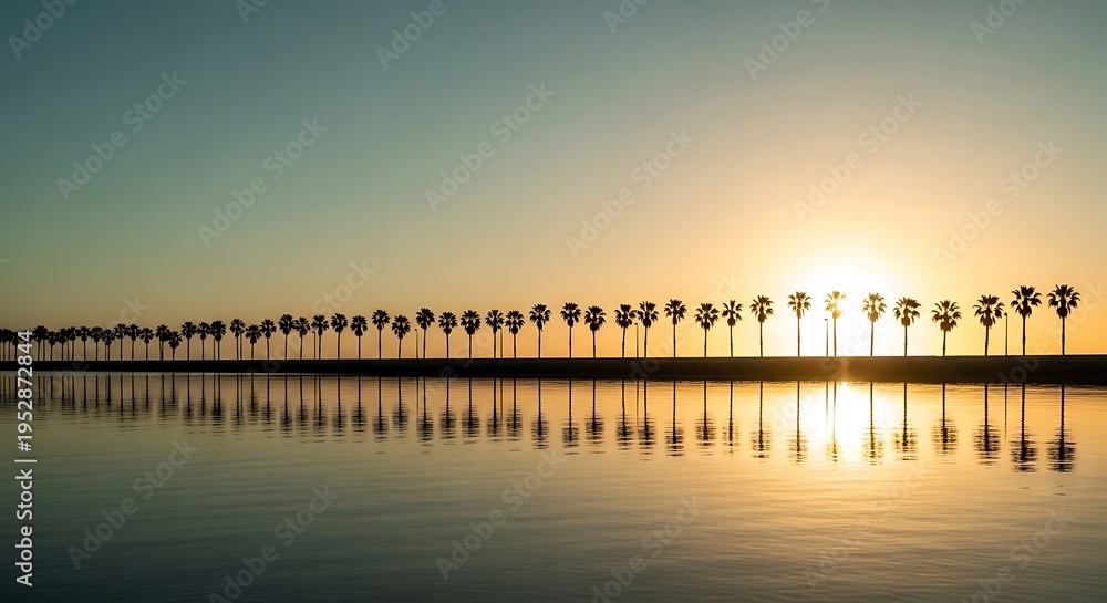 Fototapeta premium Serene tropical sunset over calm waters with palm tree silhouettes