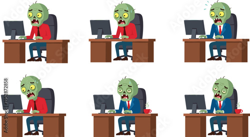 Stressed zombie office worker using computer, exhausted undead businessman sweating at desk with coffee, deadline pressure concept, workplace burnout, overworked employee, funny cartoon illustration