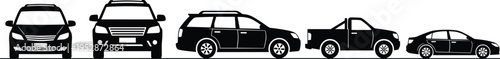 A collection of various car silhouettes displayed in a horizontal line on a clean white background isolated on white background