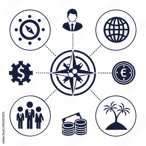 A compass with various business and financial icons around it Vector