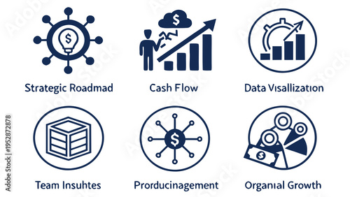 Six blue business strategy icons on a white background Vector