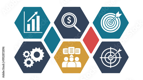 A collection of business strategy icons in hexagonal shapes Vector