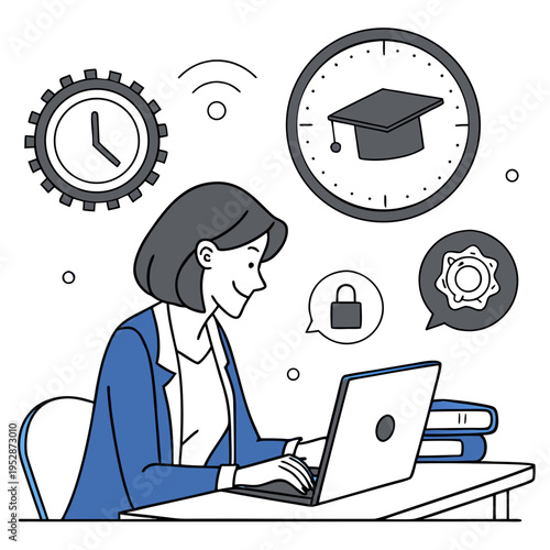 Woman using laptop with education and security icons around her Vector