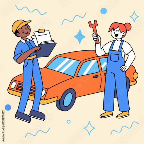 Two mechanics standing next to an orange car with tools Vector