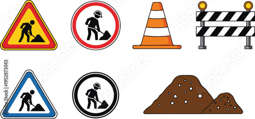 Under construction safety sign set featuring road work warning symbols traffic cone barrier and soil pile for street maintenance civil engineering and site security.