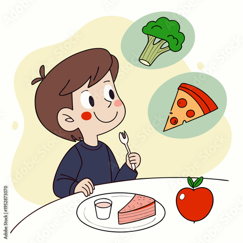 A cartoon kid choosing between healthy and junk food Vector