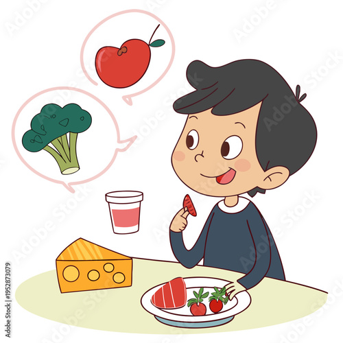A cartoon boy eating healthy food and thinking about more Vector
