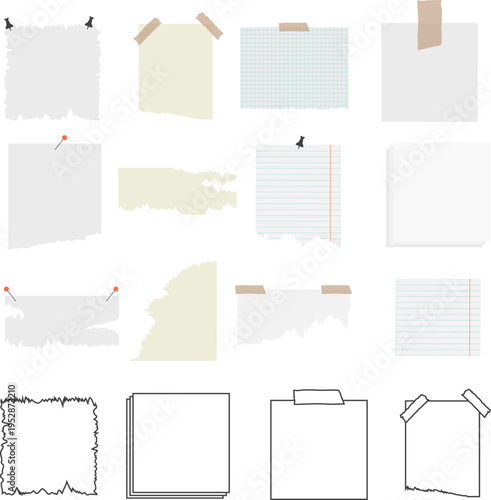Vector set of torn paper notes sticky notes with tape push pins and outline frames.
