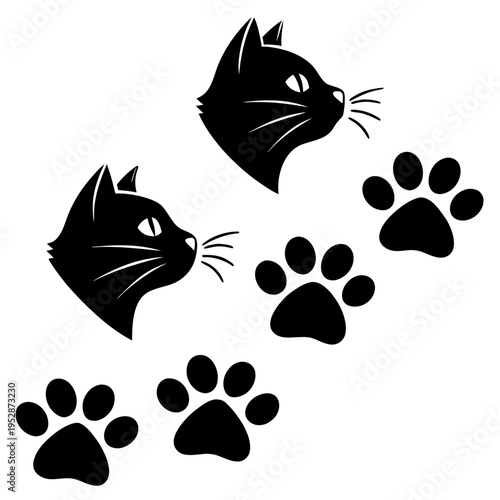 Black cat heads and paws silhouettes Vector