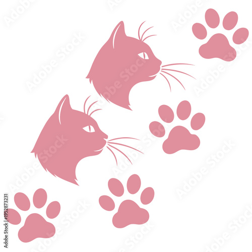 Two pink cat heads and paws on a white background Vector