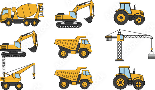 Yellow construction vehicle set featuring concrete mixer truck, excavator, dump truck, crane, and tractor icons for industrial building, site development, and engineering project illustrations.