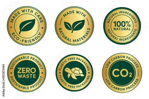 Eco Friendly Badge Sticker Set Vector Templates, green labels, eco seals, sustainable icons - Zero waste, plastic free, natural materials,