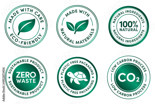 Eco Friendly Badge Sticker Set Vector Templates, green labels, eco seals, sustainable icons - Zero waste, plastic free, natural materials,