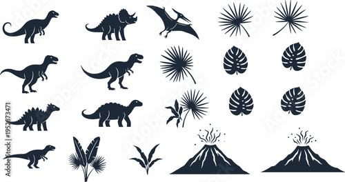 A collection of dark silhouettes featuring prehistoric dinosaurs tropical plants and volcanoes isolated on white background