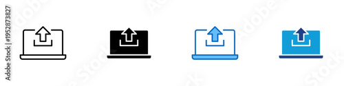 Upload Content Multiple Style Icon Design Vector - Laptop with upward arrow representing content upload, file sharing, and online media distribution